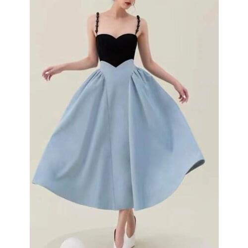 2021 Summer Runway New Dress Women Spaghetti Strap Beading Patchwork Contrast Color Elegant Slim Dresses