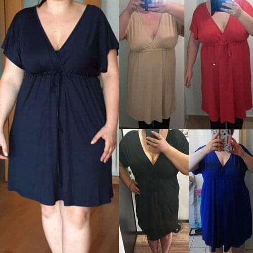 2021 Summer V Neck Short Sleeve Solid Womens Dress New Fashion Casual Plus Size Lace Up Mid Skirt Home Loose Ladies Dresses 4XL