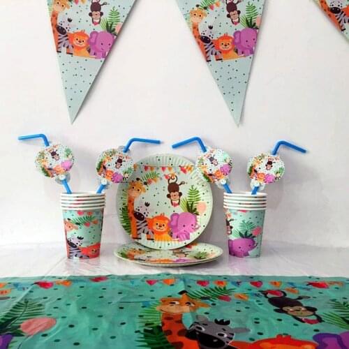32pcs/set Cartoon Kawaii Colorful Animal Zoo Theme Disposable Party Tableware Sets For Kids Birthday Party Decoration Supplies