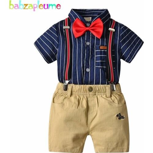 4Piece/2-7Years/Summer Outfits Children Clothes Fashion Gentleman Stripe T-shirt+Shorts+Strap+Bow Baby Boys Clothing Sets BC1266