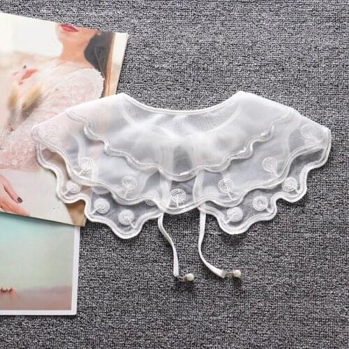 40GC Embroidery Sequins Wavy Trim Fake Collar Shawl Wrap Women Girls Double Layer Organza Necklace Lapel Blouse Decorative Short