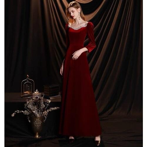 Velvet Burgundy Celebrity Dresses Long Sleeve Square Neck With Diamond Sexy Retro Slim A-Line Prom Evening Gown Formal Party New