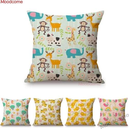 Baby Nursery Art Children Room Decoration Sofa Throw Pillow Case Woodland Animals Bear Giraffe Owl Cute Cartoon Cushion Covers