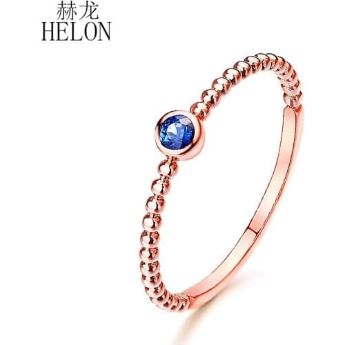 HELON Solid 14k Rose Gold AU585 2.5mm Round 100% Natural Sapphire Gemstone Engagement Ring For Women Trendy Fine Jewely Gift