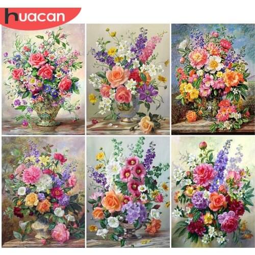 HUACAN 5D DIY Diamond Embroidery Flower Full Square Round Cross Stitch Diamond Painting Peony Mosaic Vase Needlework Home Decor