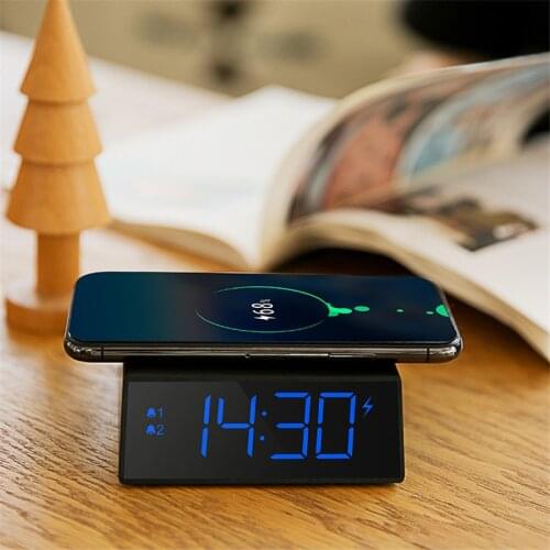 10W Qi Induction Wireless Charger with LED Digital Alarm Clock Desktop Thermometer Date HD Mirror Clock Phone Wireless Charger