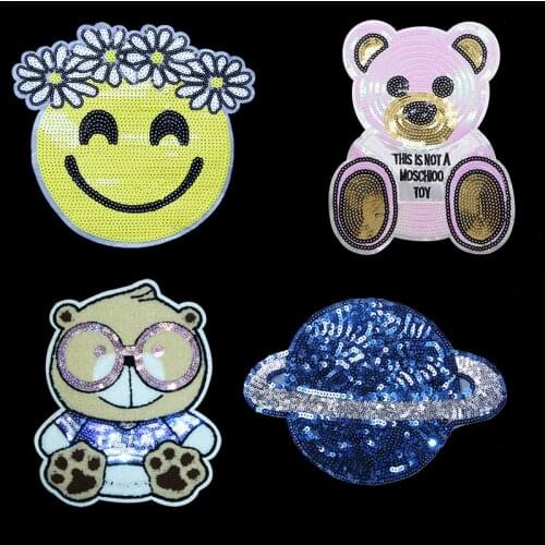 1 PCS Large Sequin Towel Cartoon Animal Bear Bee Earth Patch Lroning Sewing Applique Coat Womens Backpack DIY Embroidery Badge