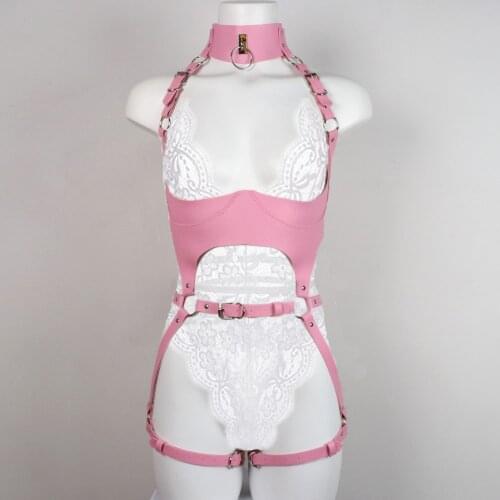 Pink Leather Harness Set Women Full Body Chest Bondage Straps Bra Cage Pastel Goth Underwear Suit Fetish Sexy Lingerie Rave Belt