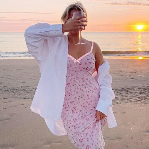 Floral Printed Mesh Patched Summer Y2k Dresses With Thin Strap Women NicePink Bodycon Sundress Casual Party Long Dress Beachwear