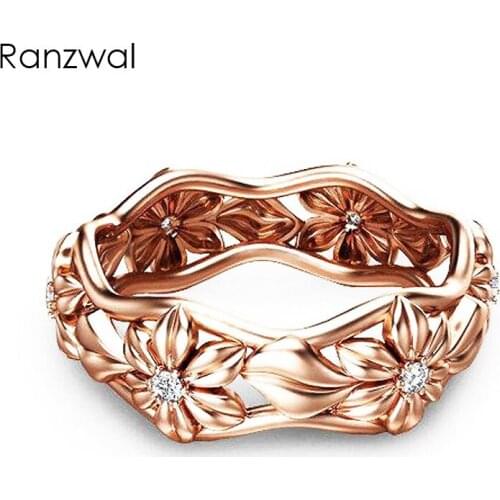 Ranzwal Fashion Rose Gold Flower Rings for Women CZ Stone Floral Ring Female Party Jewelry US SIZE 6~10