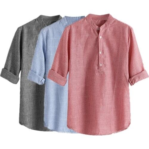 2021 Shirts for Men Spring/Autumn Long Sleeve Striped Shirt Mens Cotton Linen Top 4 Button Pullovers Casual Shirt Men Clothing