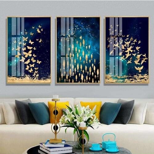 3 Pieces Wall Art Decor Golden Fish Butterfly Bird Abstract Canvas Painting Modern Print Poster Picture Living Room Home Decor