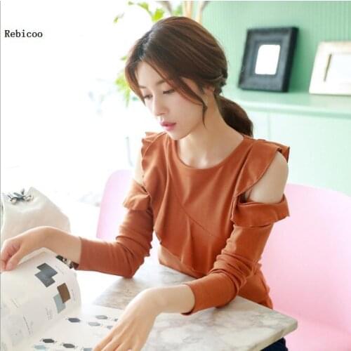 New Arrival Spring Autumn Solid O Neck T-shirts Open Shoulder Long Sleeve Ruffle T Shirt Ladies Off Shoulder Knitted Tees