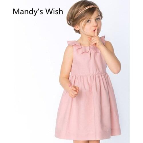 Mandys Wish Brand New Quality Summer Girls Dress Sleeveless Tribute Silk Cotton Solid Ruffled Collar Princess Kids Clothing