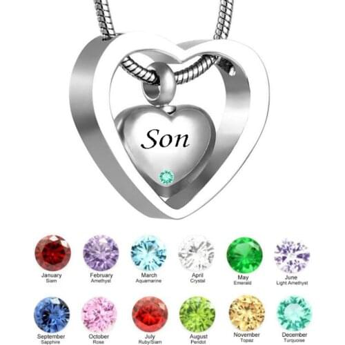 Son birthstone stainless steel Double Heart Keepsake Cremation Ashes Urn Necklace Pendant