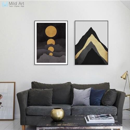 Modern Abstract Gold Black Mountain Moon Poster and Prints Nordic Living Room Wall Art Pictures Home Cafe Decor Canvas Paintings