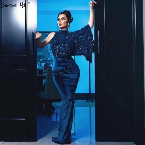 Navy Blue Mermaid Sexy Evening Dresses 2020 Sequins One Shoulder Bat Sleeves Formal Dress Real Photo Serene Hill DLA70347