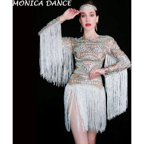 Vintage Print Rhinestones Tassel Bodysuit Women Jazz Modern Dance Costume Nightclub Bar DJ Singer Dancer Performance Bodysuit