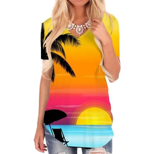 Giyu Brand Hawaii T-shirt women Coconut Tree V-neck Tshirt Moon T-shirts 3d Sunset Glow Tshirts Printed Womens Clothing Hip hop