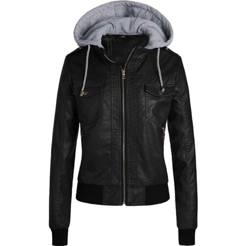 2019 New Winter Warm Plush PU Thicken Leather Jacket Female Hooded Detachable Women Short Faux Fur Coat Basic Street Overwear