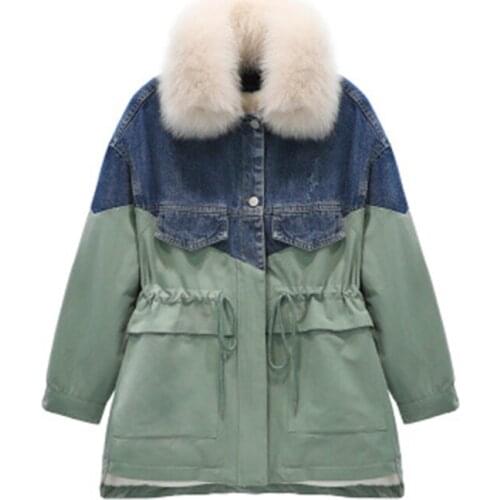 Womens coats hooded cotton jackets padded plus velvet denim loose tops large fur collar outwear casual wild warm coat