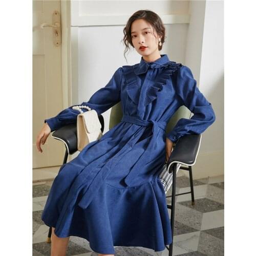French retro ruffles design vacation Corduroy dress female temperament was thin high waist college style dress with bekt F1223
