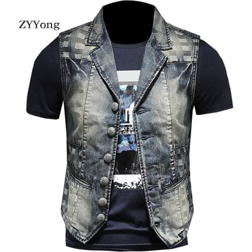 New Spring Summer European Style Retro Colorblock Blue Slim Denim Suit Vest Coat Men Waistcoat Jean Jacket Casual Gilet Homme