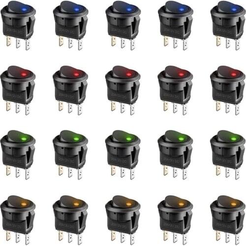 20Pcs 3 Pin 12V 20A Amps Car Truck Rocker Round Toggle LED Switch On-Off Control Blue Green Yellow Red