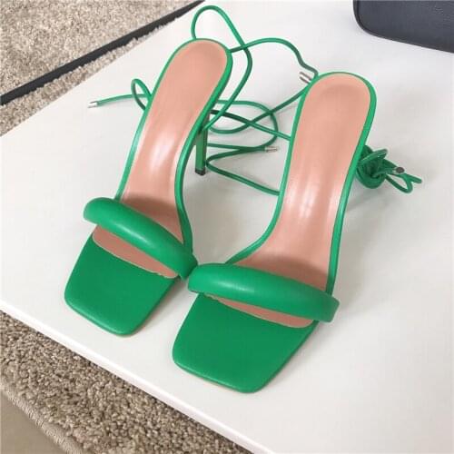 2021 New Ankle Strap Green Womens High Heels Sandals Women Square toe White Female Party Ladeis Shoes Sandalias de mujer