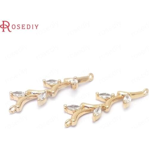 39082)4PCS 29.5x8.5MM 24K Gold Color Brass and Zircon 2 Holes Tree Branch Connect Charms Pendants Jewelry Making Accessories