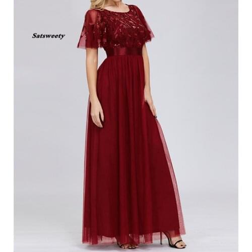 2020 Sparkle Bridesmaid Dresses Long A-Line O-Neck Short Sleeve Formal Dresses Women Elegant Gowns Sequined Tulle Gowns