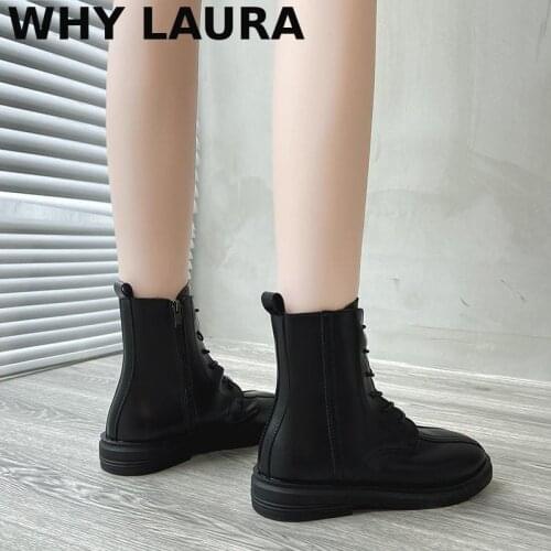 Boots womens round toe platform side zipper lacing leather splice chunky new design casual boots foot bare low heel boots