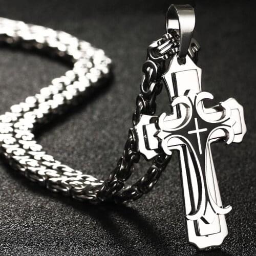 Trinity Elohim Stainless Steel Jesus Christ Cross Pendant Necklace Byzantine Link Chain Silver Color Black Men Boys Gift