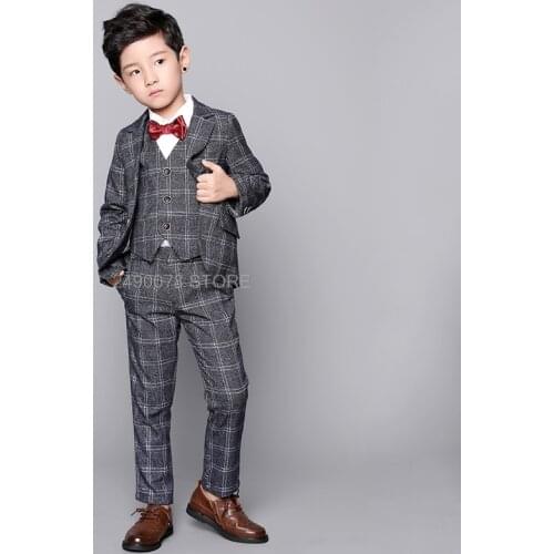 Flower Boys Girls Evening Formal Jacket Vest Pants 3Pcs Clothing Set Kids Wedding Tuxedo Blazer Suit Children Birthday Costume