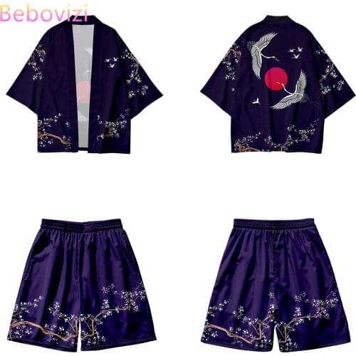 Summer Two-piece Suit Japanese Crane Cardigan Women Men Cosplay Yukata Clothing Harajuku Tradition Kimono + Shorts Sets Haori