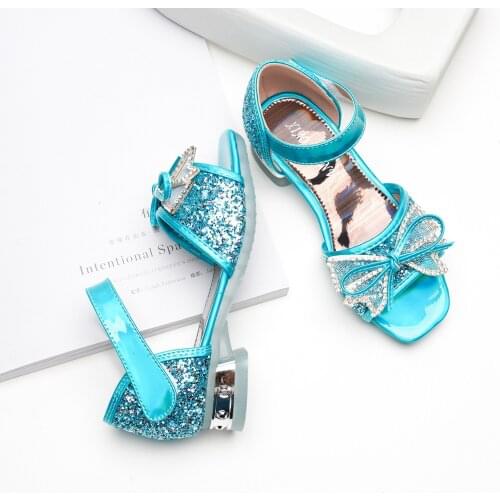 2021 Summer Little Girls Glitter Sandals Princess Crystal Small Heels Flower Girl Birthday Party Stage Shoe Blue Pink Silver