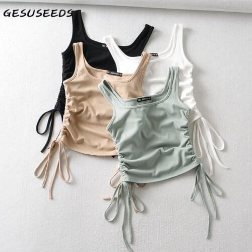 Summer cropped top sexy sleeveless tank top women korean square neck tops vintage ribbed tops drawstring white crop top green
