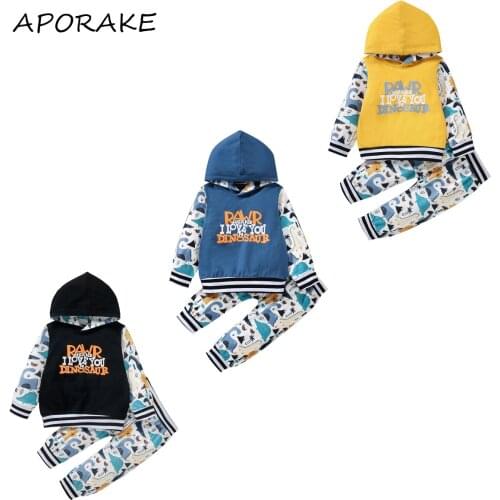 2021 0-4Y Casual Kids Baby Boy Clothes Set Letter Print Long Sleeve Hooded Sweatshirt+Cartoon Dinosaur Striped Pants Fall 2pcs