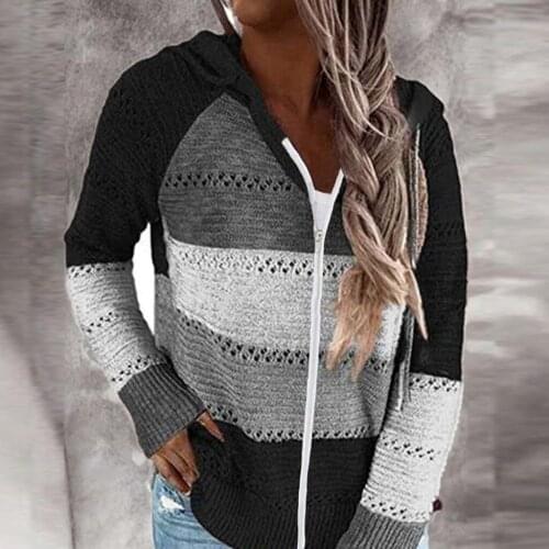 Fashion Women Tops Casual Aesthetic Patchwork Cardigans Long Sleeves Hooded Sweaters Blouse Abrigos Mujer Invierno 2020