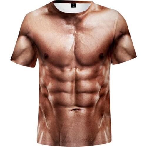 2021 mens 3D muscle simulation T-shirt, fitness tattoo T-shirt, chest and bare skin muscle T-shirt, fun short sleeve clothing