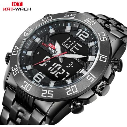 KAT-WACH Man Watch 2018 5Bar Full Stainless Steel Dual Display Mens Watches Top Brand Luxury LED Display Watch Men