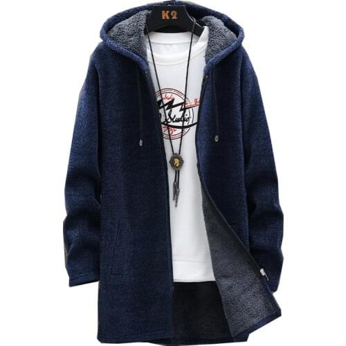Mens winter sweater warm thick fleece cardigan solid color zipper hooded long coat casual cardigan