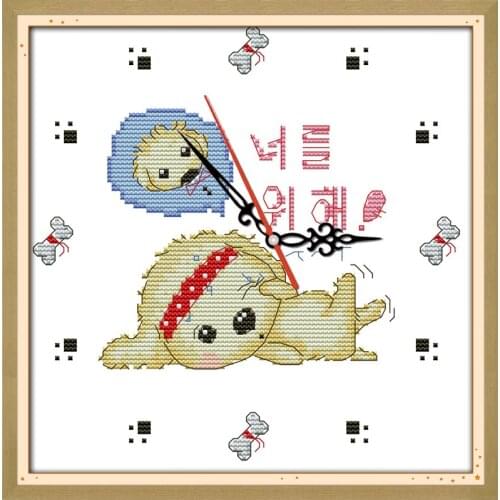 Two dogs (clock face) cross stitch kit 14ct 11ct count print canvas wall clock stitches embroidery DIY handmade needlework plus