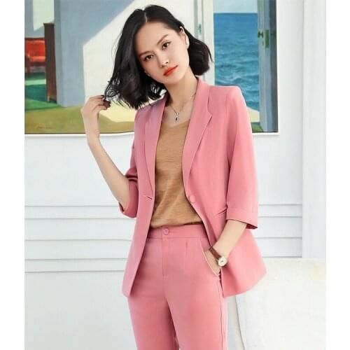 New Seven-Sleeve two piece plus size blazer and pant Professional pink Suit Women Workwear Fashion Small office Suit women