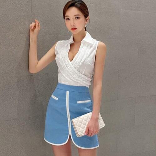 New arrival fashion sets for women summer sexy work style fresh trend mini skirt and asymmetrical white shirt two piece set