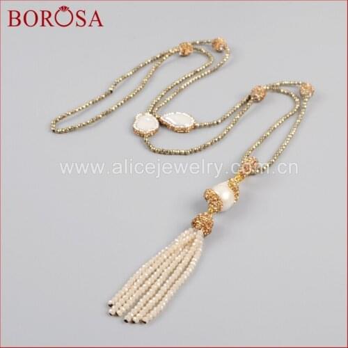 BOROSA New 38'' Beaded Necklace for Women, Natural Freshwater Pearl & 3mm Gold Beads Drusy Chain Necklace Druzy Jewelry JAB571