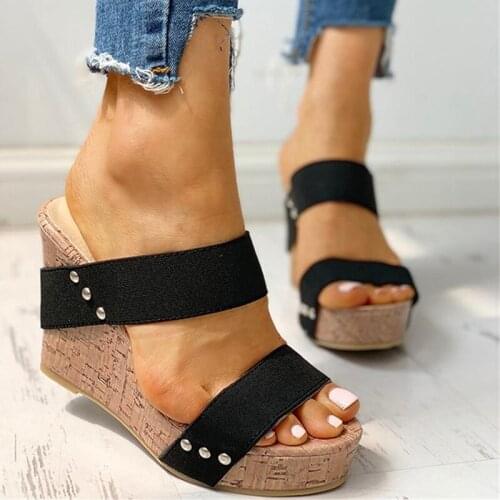 Casual Fashion Women Shoes Summer New Slippers Womens Slope with Thick Bottom Striped Fish Mouth Large Size 35-43 Womens Slipp