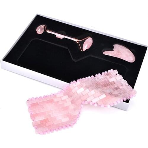 Rose Quartz Face Roller Gouache Scraper Eye Mask Set Facial Massager Gua Sha Relax Tool Natural Jade Beauty Body Neck Massage