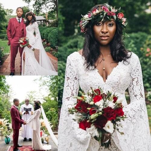 Sexy Lace Mermaid Wedding Dresses V Neck Long Sleeve Appliqued Strapless Bridal Gowns Backless Bridal Gowns vestido de novia