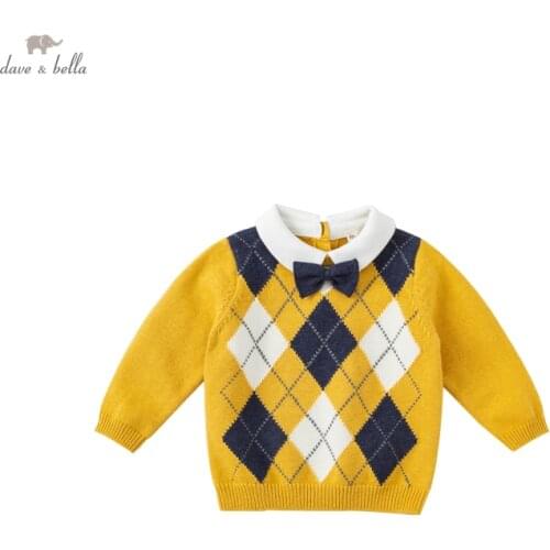 DB18576 dave bella autumn casual baby boys Christmas removable bow plaid knitted sweater kids boy fashion toddler boutique tops